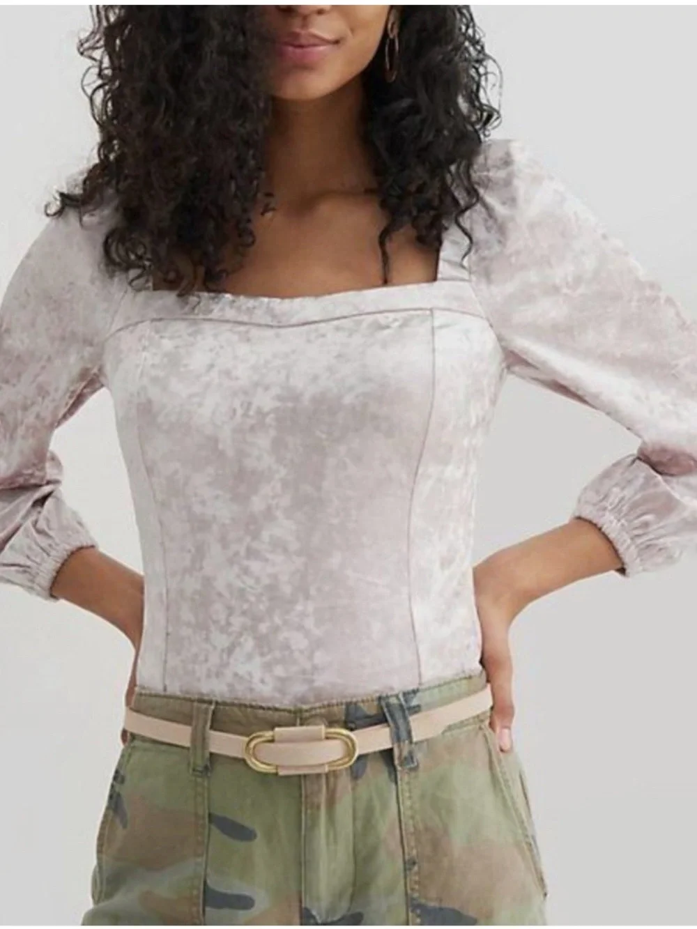 Anthropologie Crushed Velvet Blush Pink Square-Neck Puff Sleeve Top